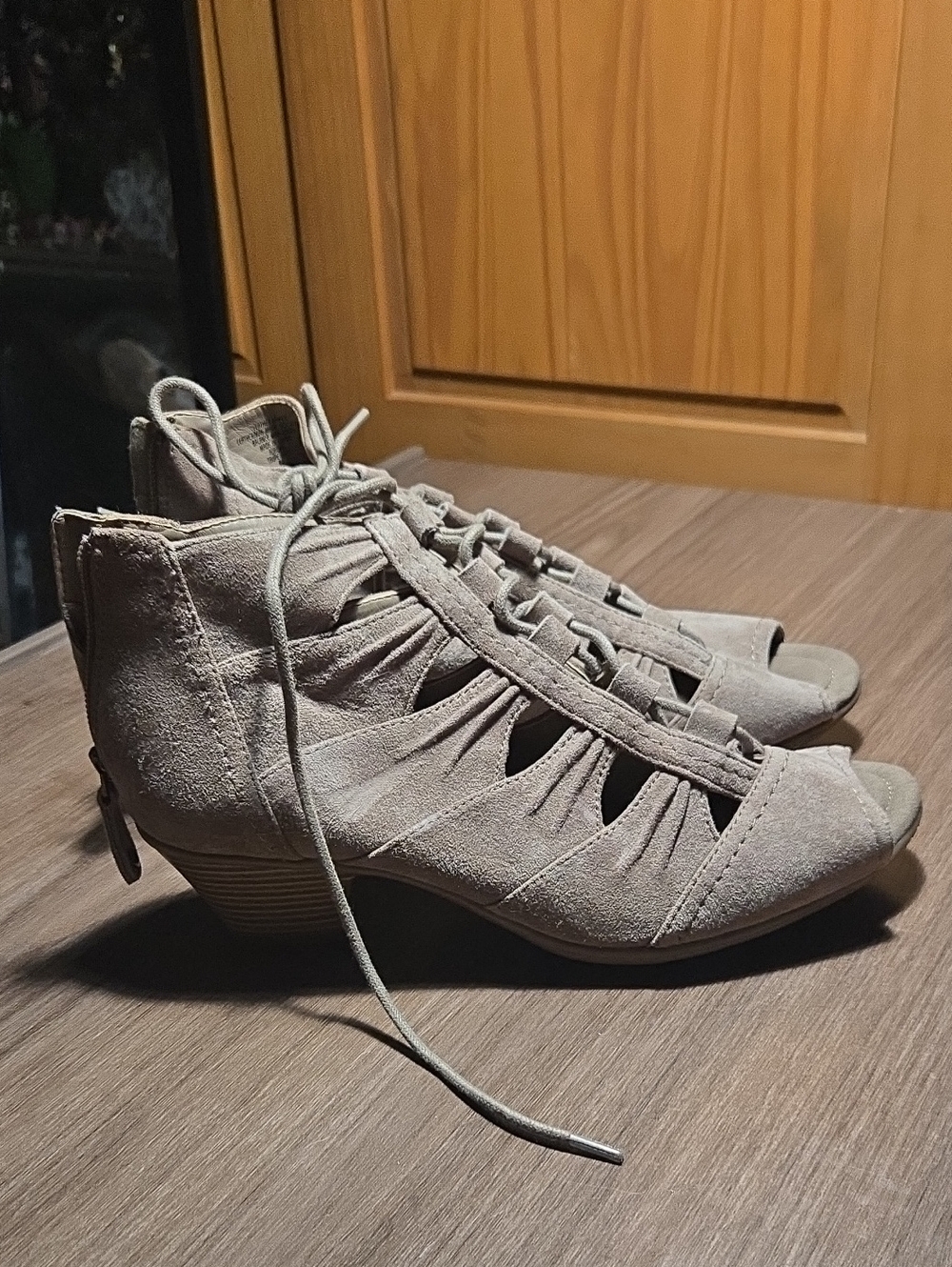 Earth Taupe Suede Lace-Up Peep-Toe Heeled Boots